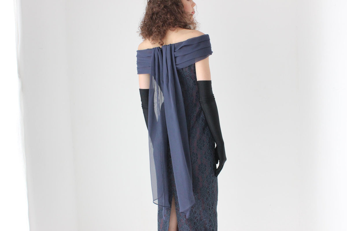 80s Lace Off Shoulder Hourglass Column Dress w/ Rosette
