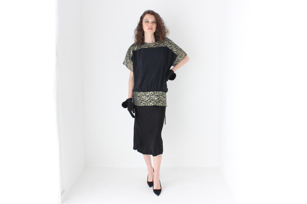 80s Batwing Cocoon Top w/ Gold Lace & Cut Out Back