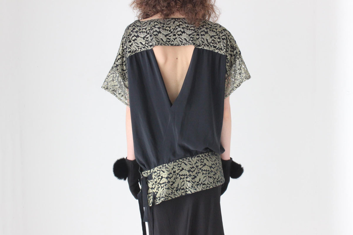 80s Batwing Cocoon Top w/ Gold Lace & Cut Out Back