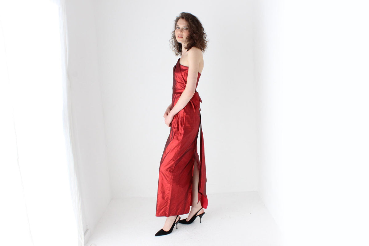 80s Old Hollywood Red Metallic Lamé One Shoulder Gown