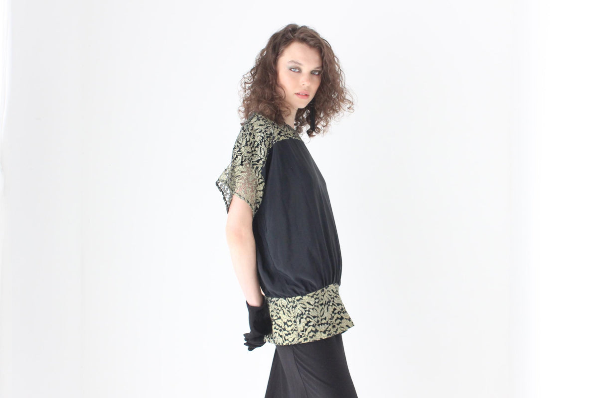 80s Batwing Cocoon Top w/ Gold Lace & Cut Out Back