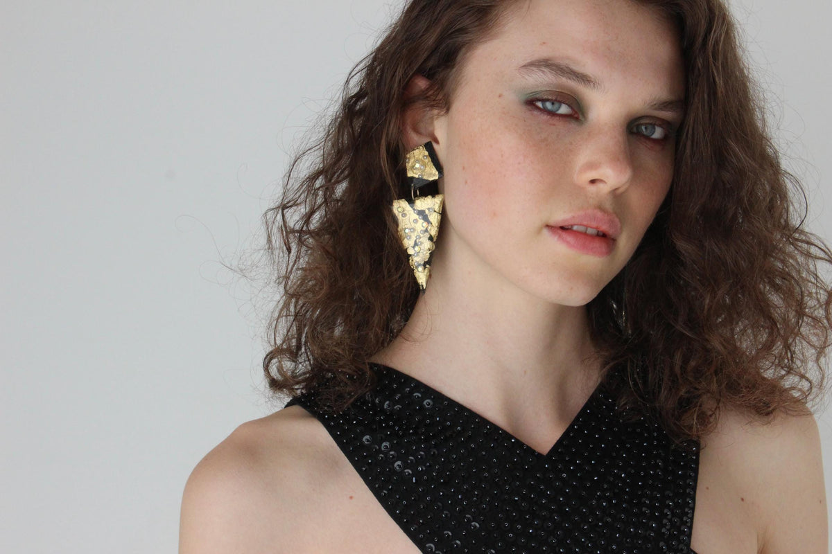 80s Gold & Black Funky Abstract Clip On Earrings