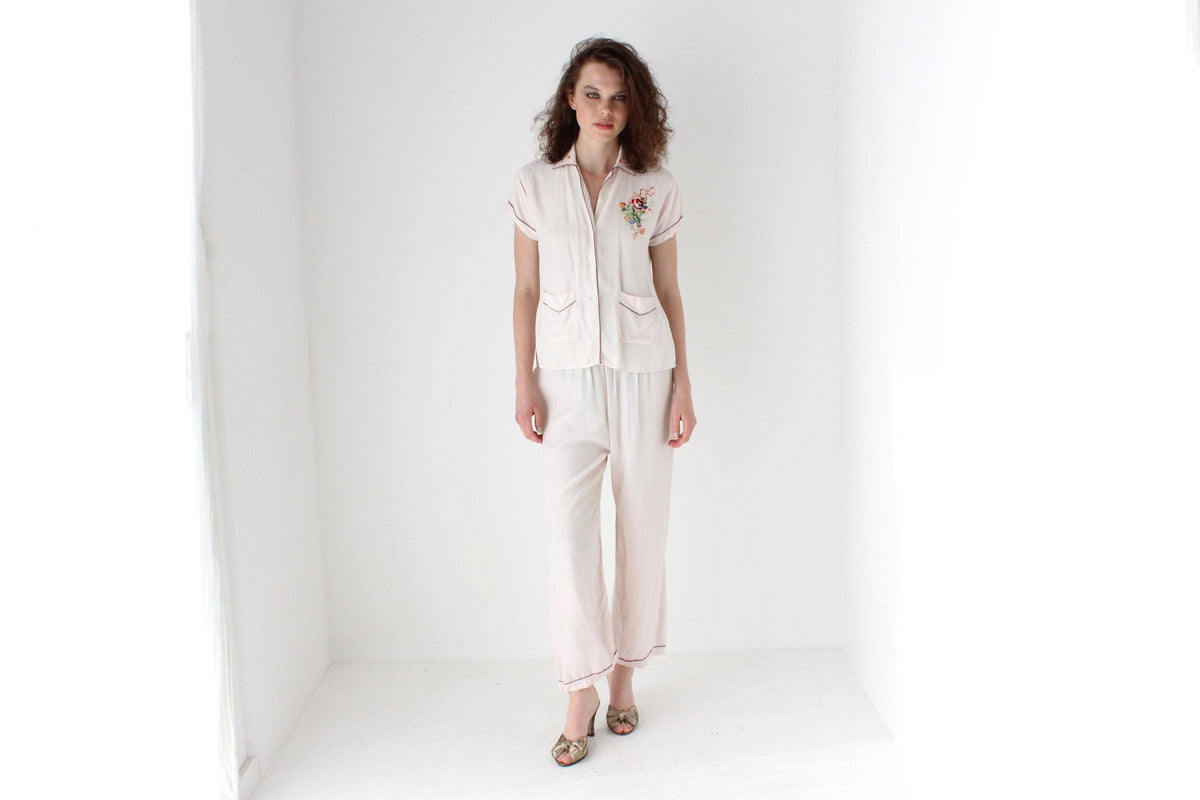 Rare 60s Pastel Rayon Pyjama Set w/ Embroidery
