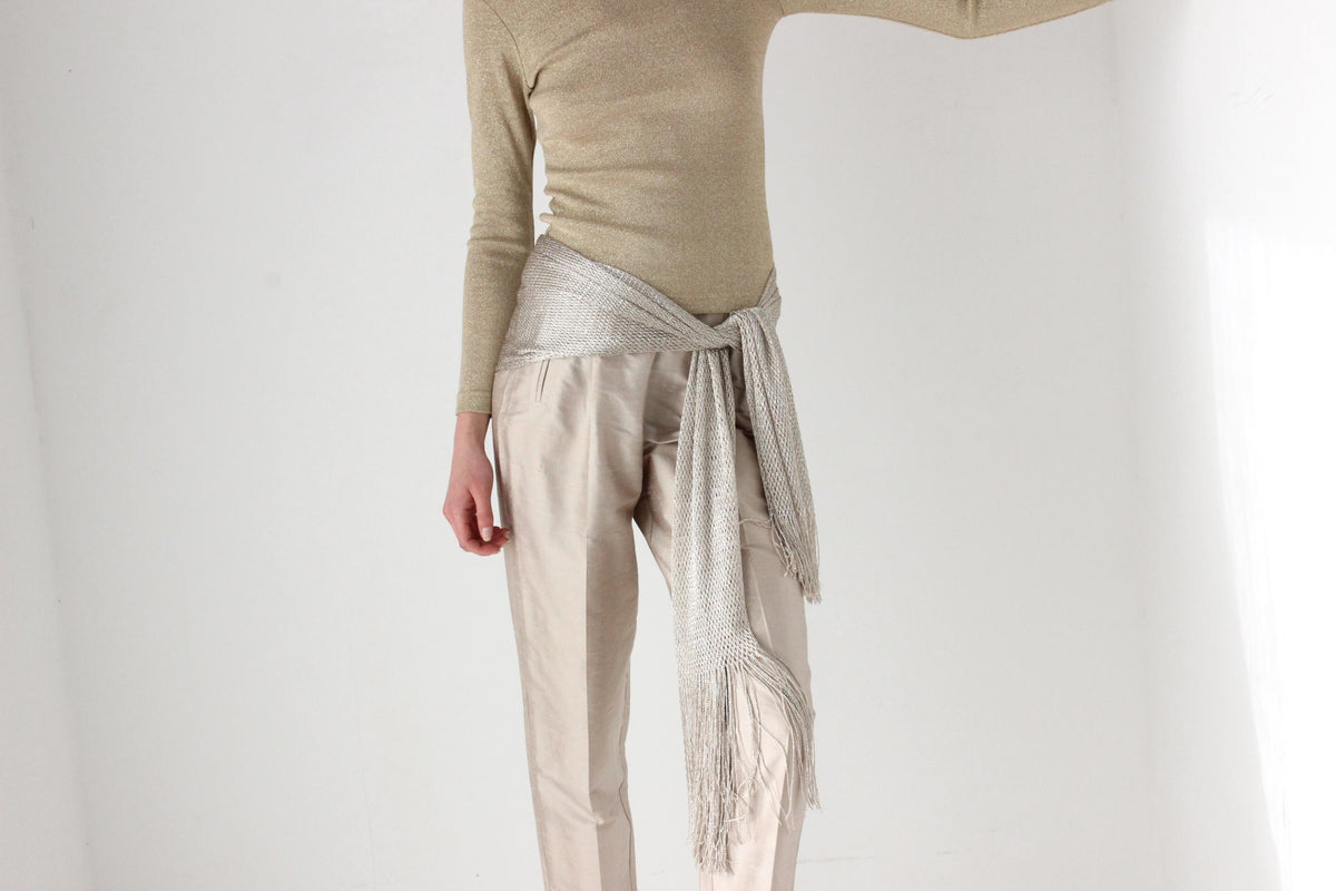 80s Raw Silk Iridescent Neutral Tapered Trousers