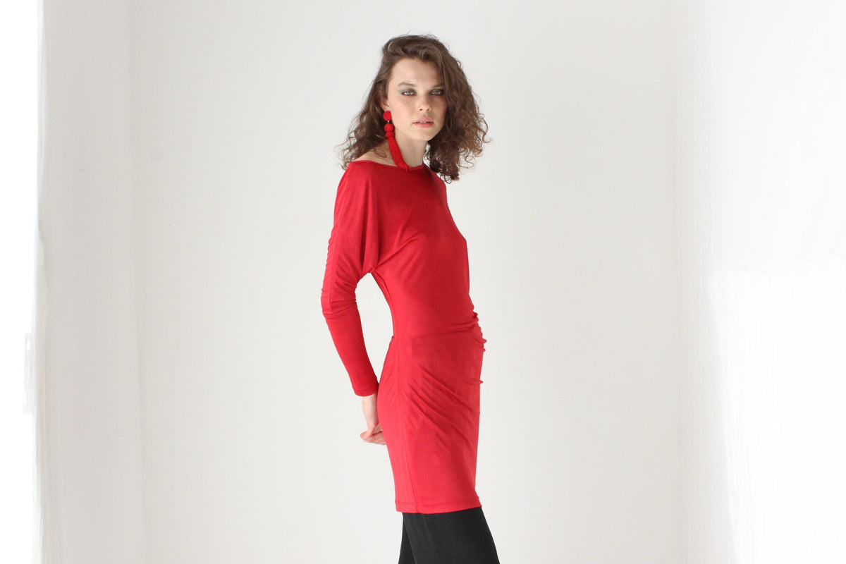 80s Slinky Jersey Asymmetric Batwing Top or Mini