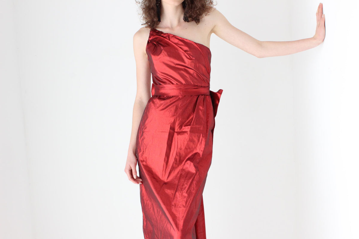 80s Old Hollywood Red Metallic Lamé One Shoulder Gown