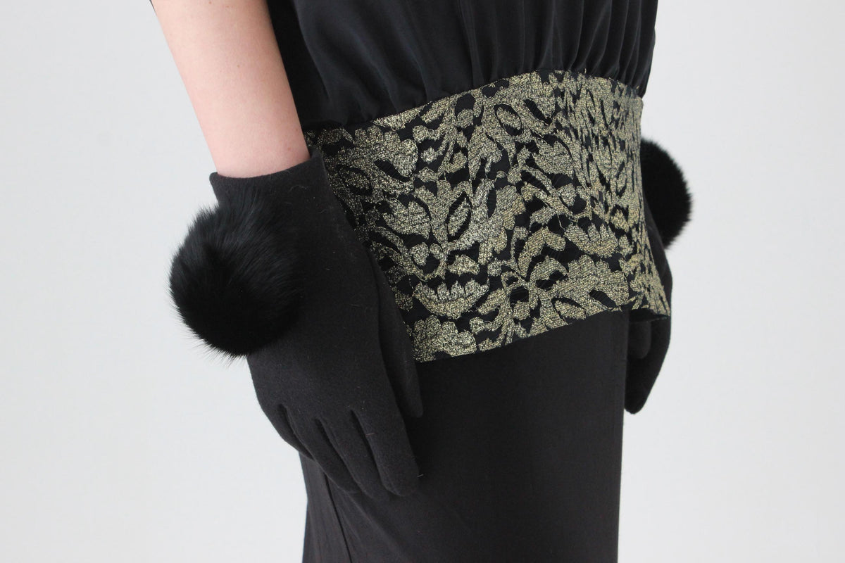 80s Felt & Rabbit Fur Pom Pom Gloves
