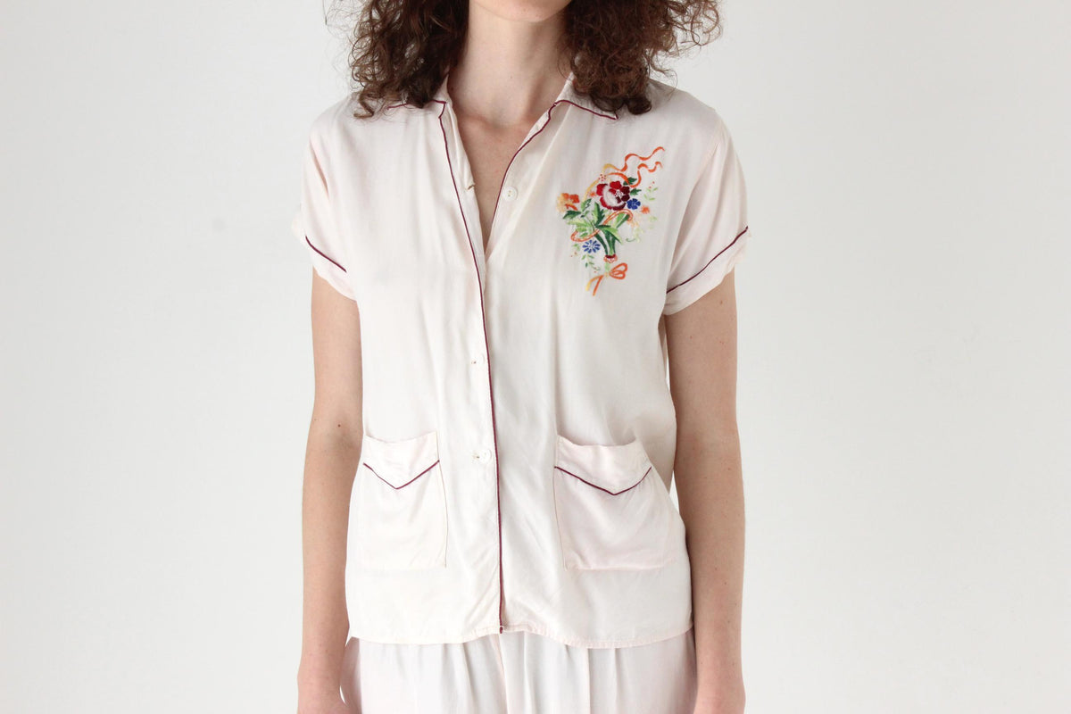 Rare 60s Pastel Rayon Pyjama Set w/ Embroidery