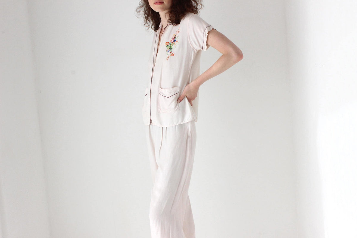 Rare 60s Pastel Rayon Pyjama Set w/ Embroidery