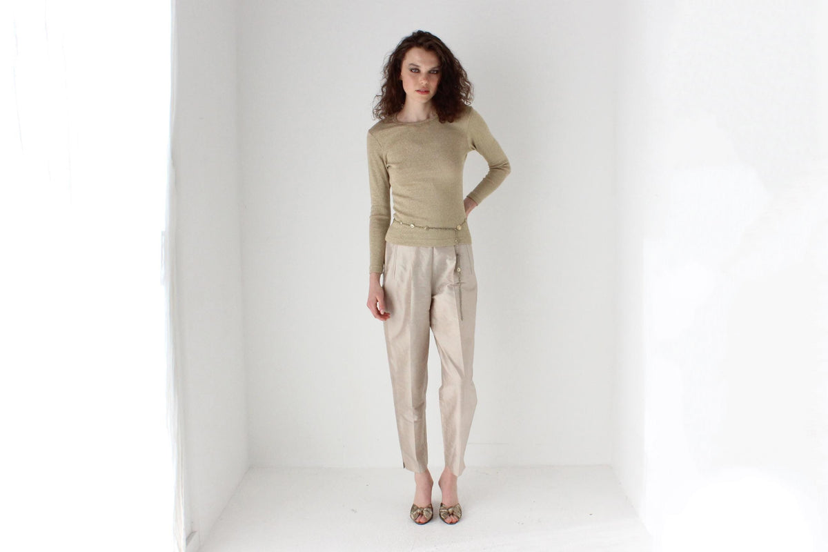 80s Raw Silk Iridescent Neutral Tapered Trousers
