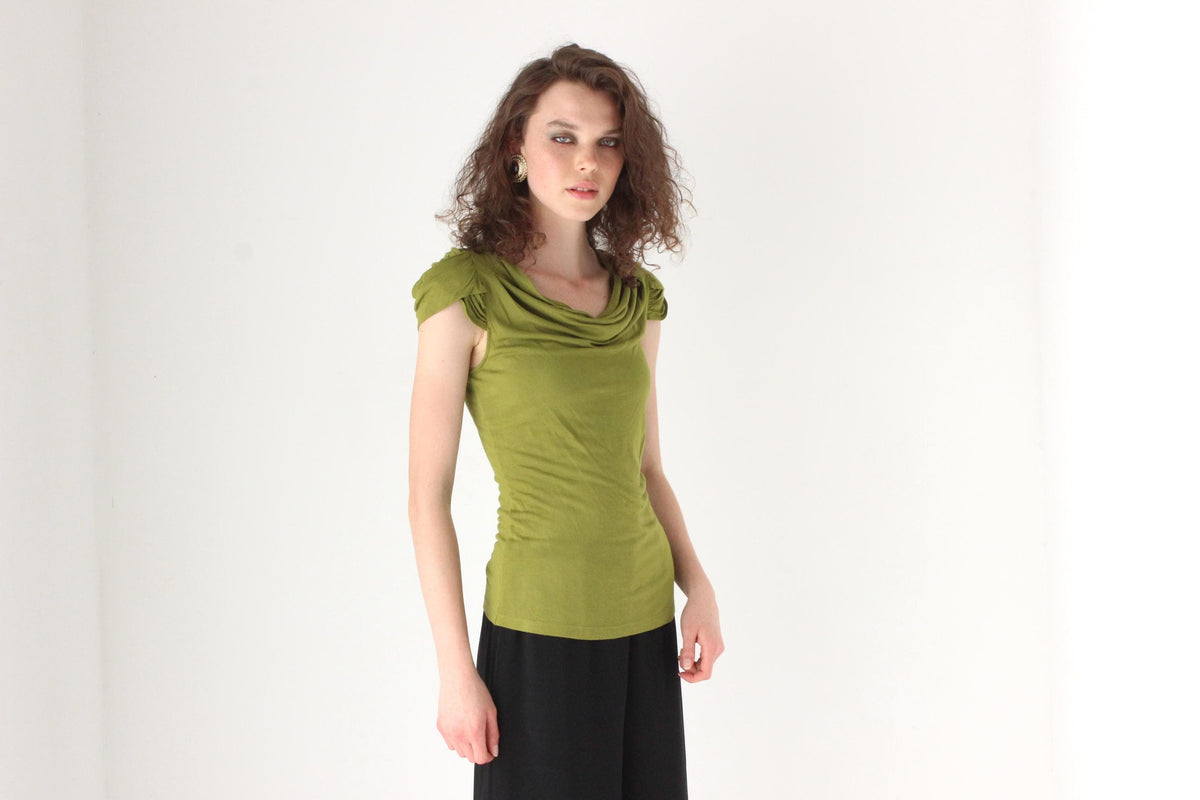 Y2K Cue Olive Green Stretch Jersey Draped Top
