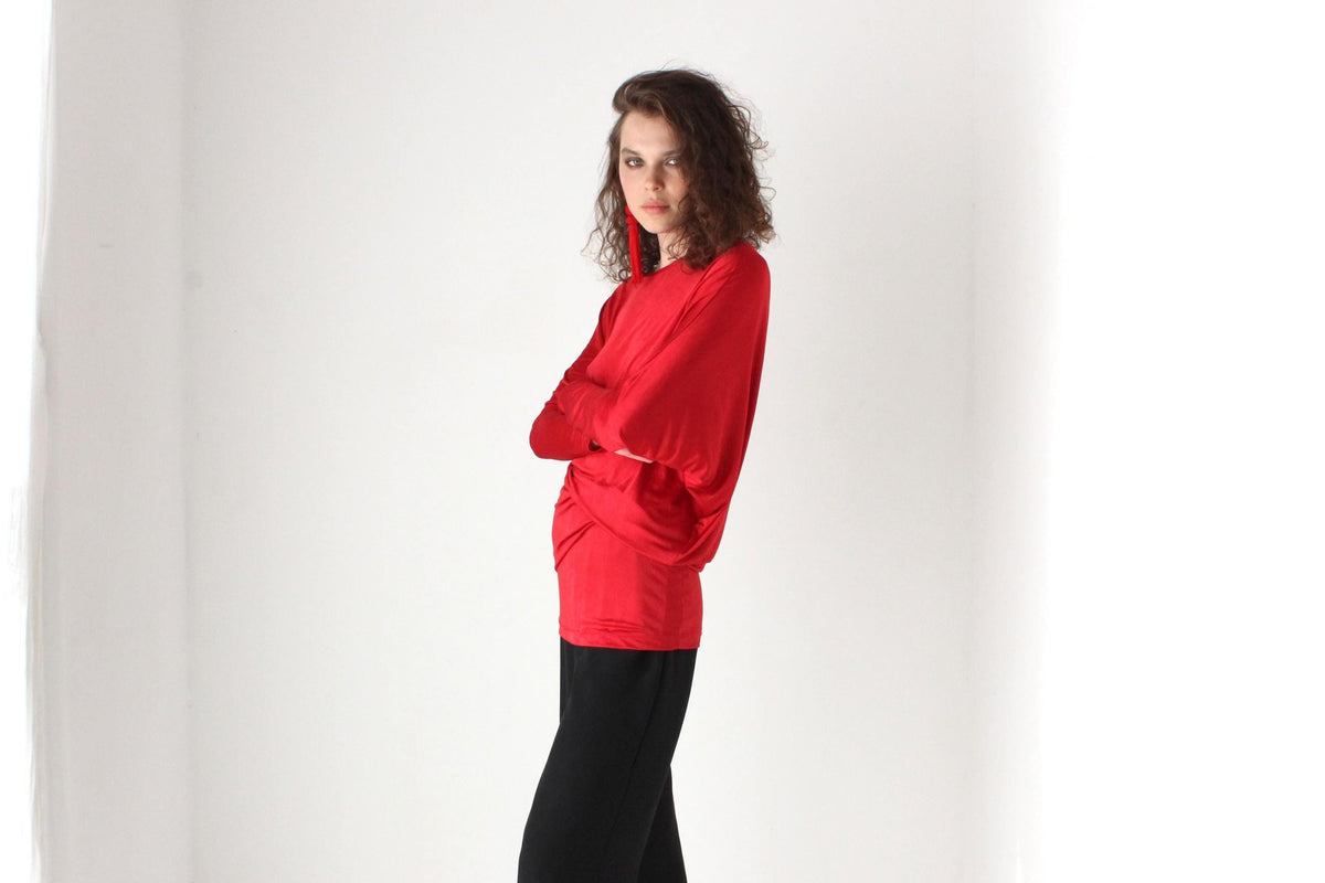 80s Slinky Jersey Asymmetric Batwing Top or Mini