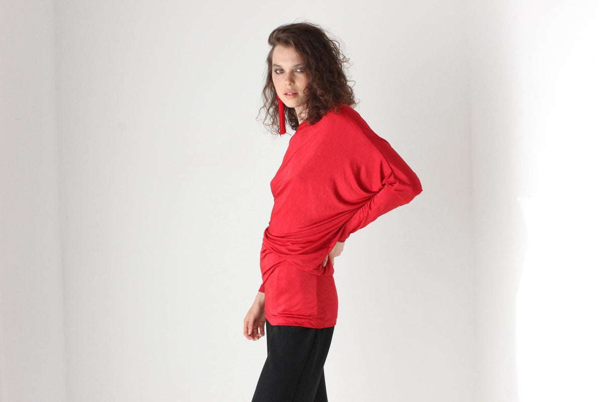 80s Slinky Jersey Asymmetric Batwing Top or Mini