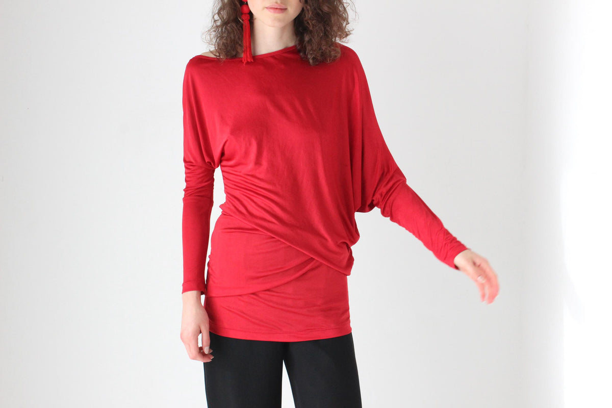 80s Slinky Jersey Asymmetric Batwing Top or Mini