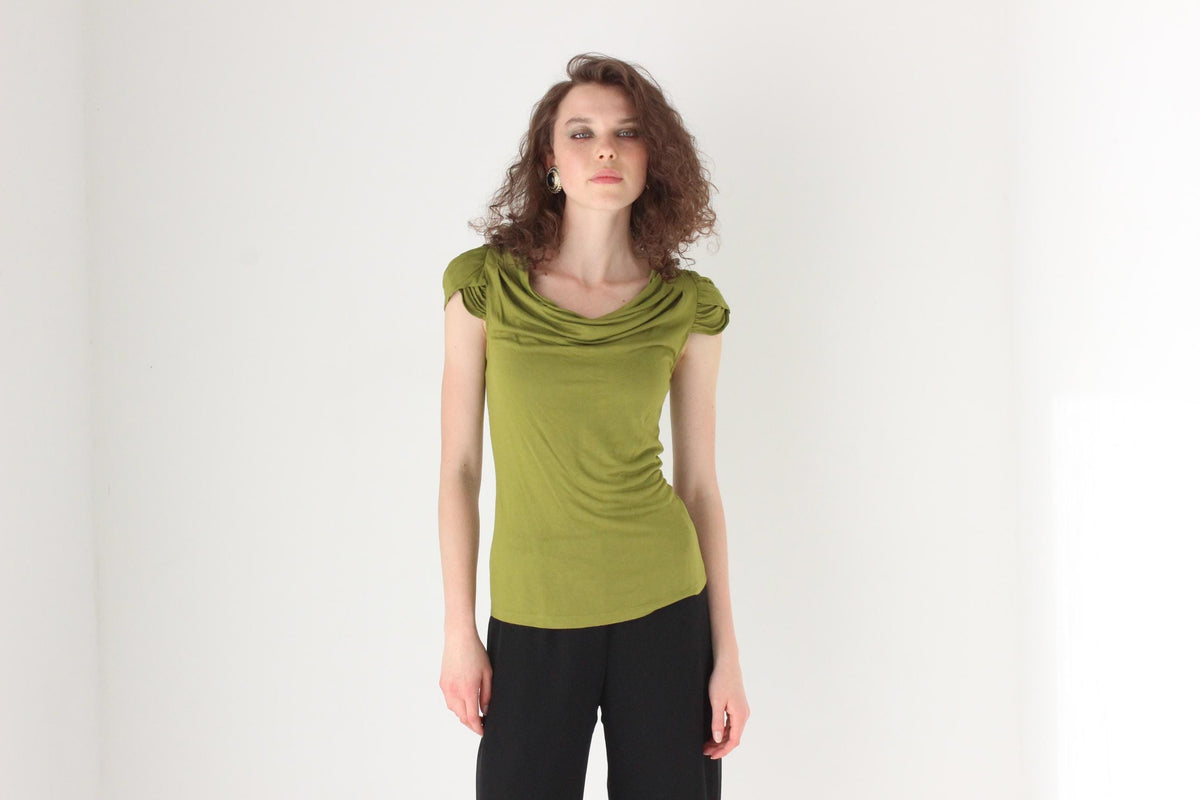 Y2K Cue Olive Green Stretch Jersey Draped Top