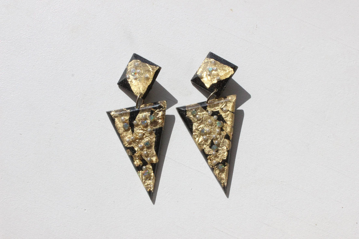 80s Gold & Black Funky Abstract Clip On Earrings