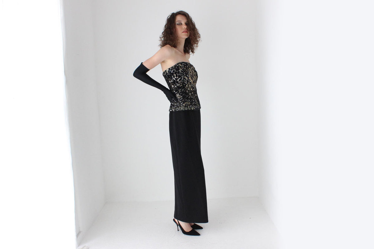 80s Diane Freis Gold Bustier Crepe Hourglass Gown