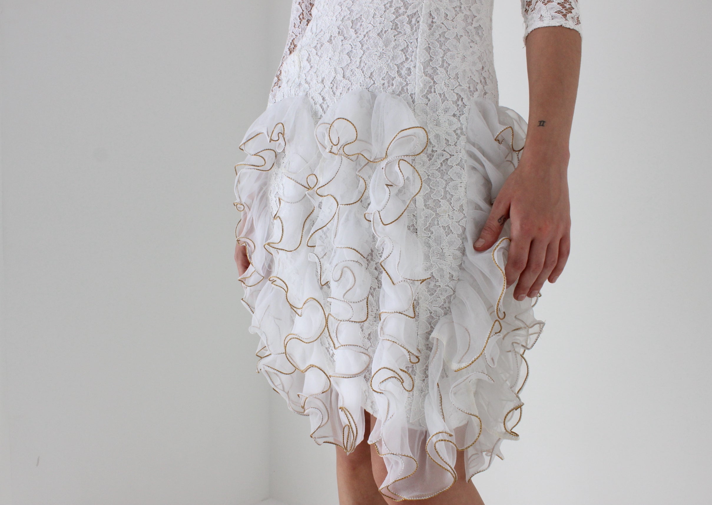 80s Ivory Lace & 3D Origami Ruffle Cocktail Dress