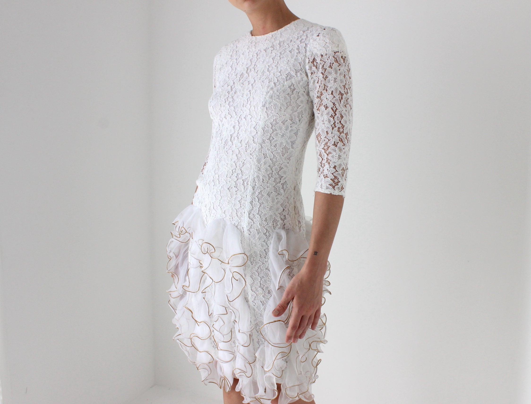 80s Ivory Lace & 3D Origami Ruffle Cocktail Dress