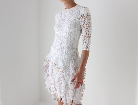 80s Ivory Lace & 3D Origami Ruffle Cocktail Dress