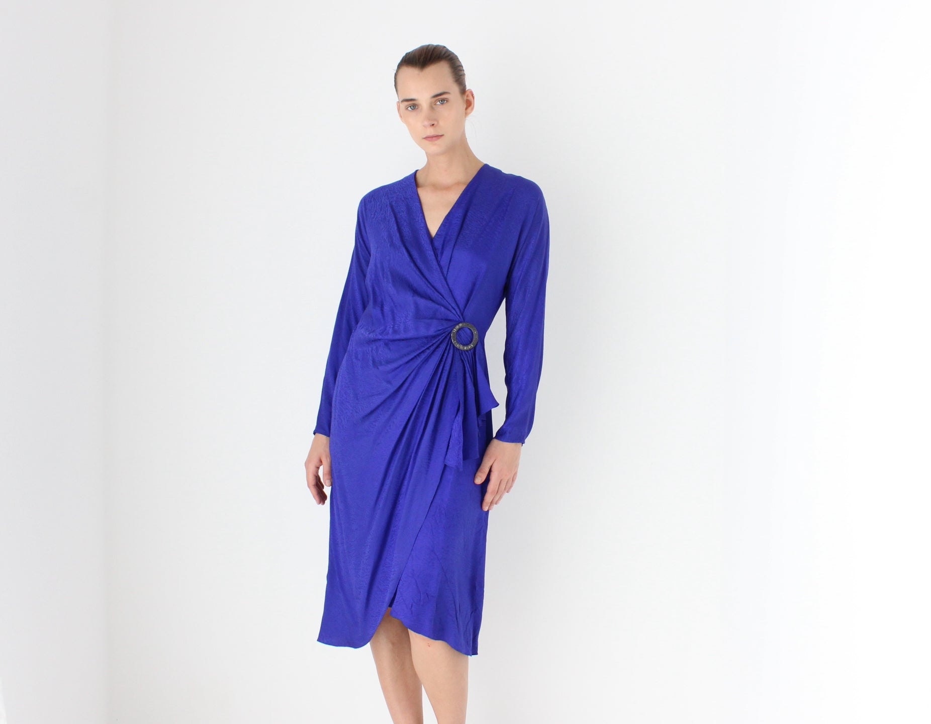 80s SILK Disco Draped Plunge Neckline Power Dress w/ Beaded Buckle Detail