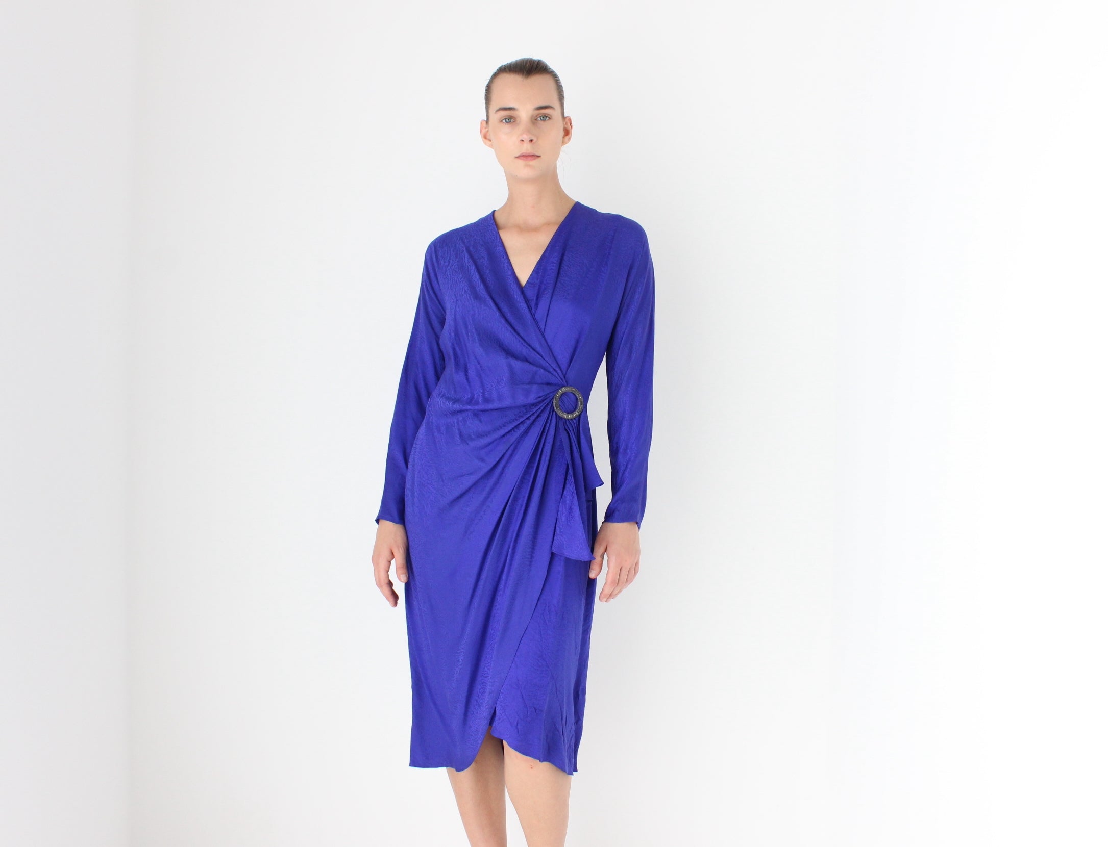 80s SILK Disco Draped Plunge Neckline Power Dress w/ Beaded Buckle Detail