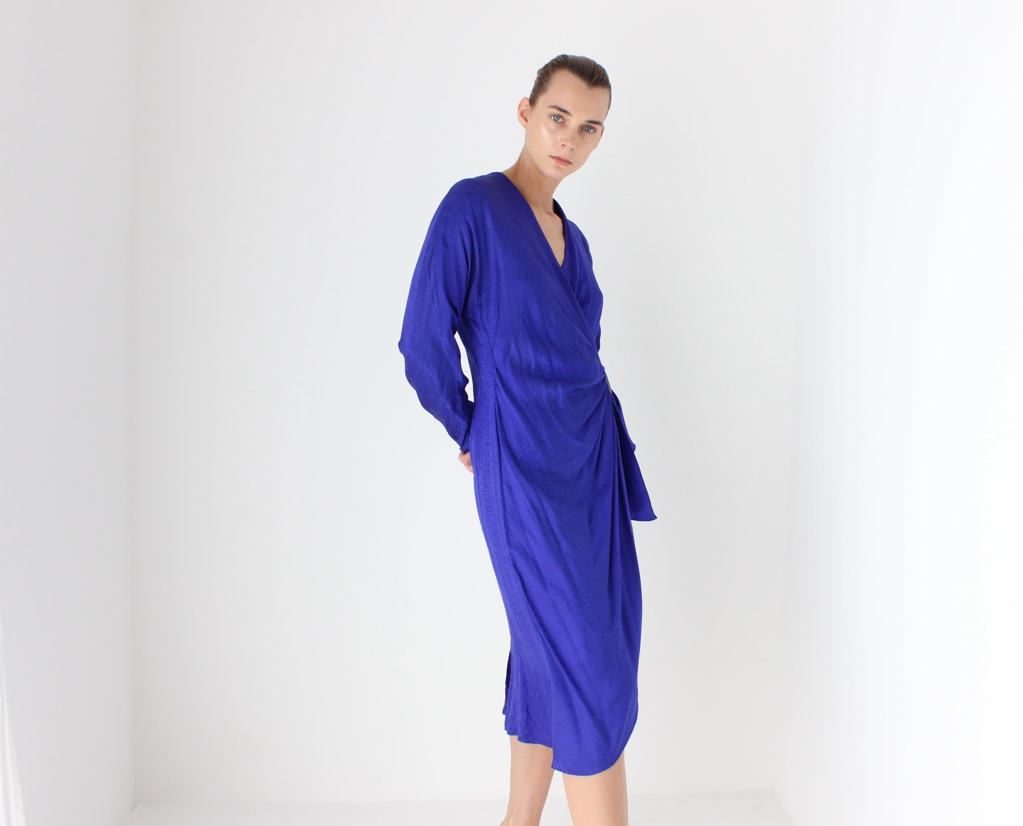 80s SILK Disco Draped Plunge Neckline Power Dress w/ Beaded Buckle Detail