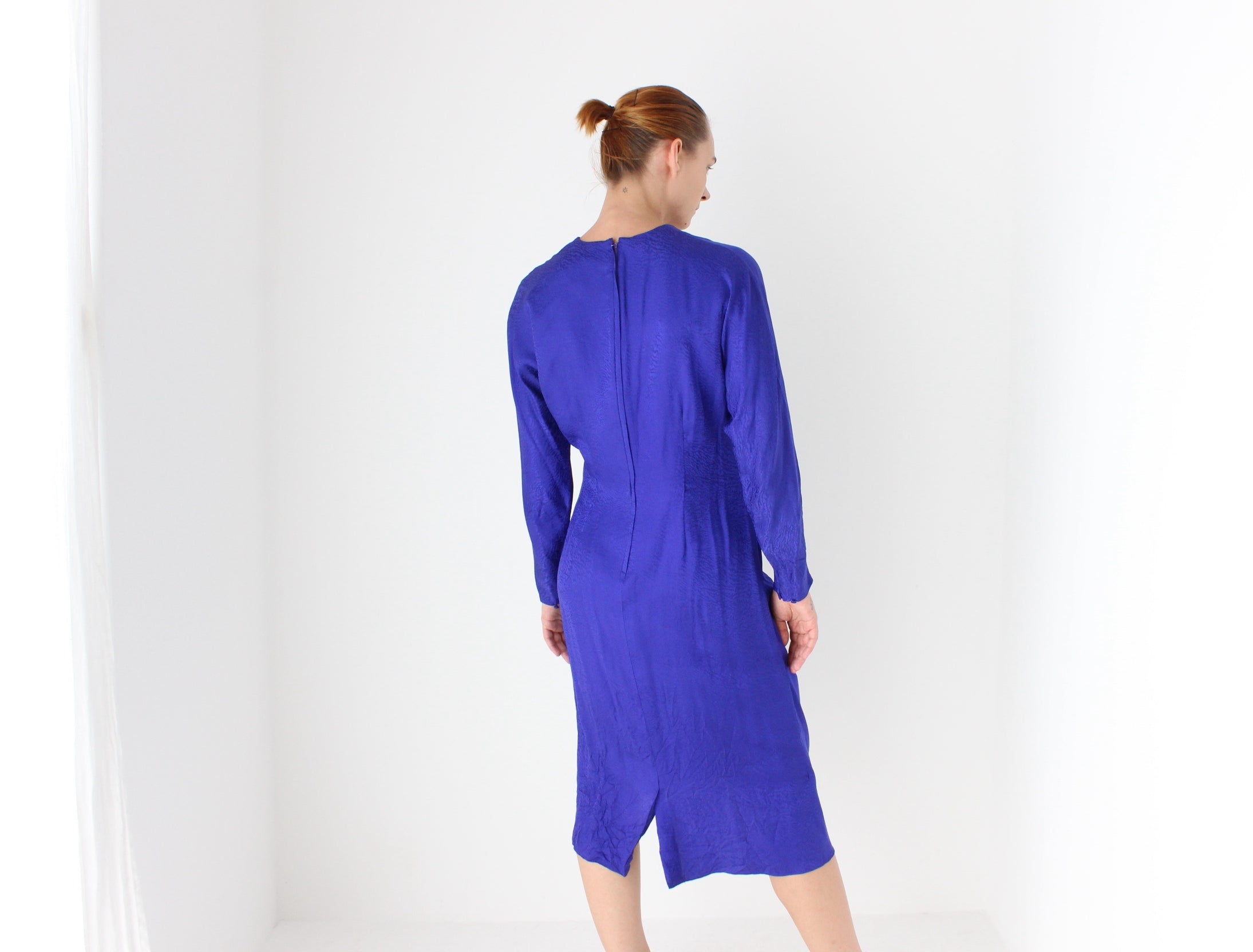 80s SILK Disco Draped Plunge Neckline Power Dress w/ Beaded Buckle Detail