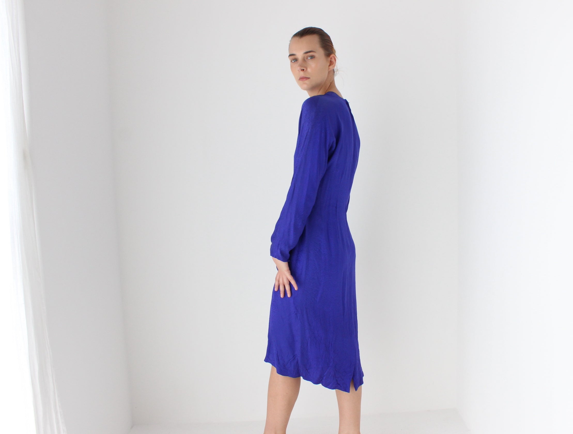 80s SILK Disco Draped Plunge Neckline Power Dress w/ Beaded Buckle Detail