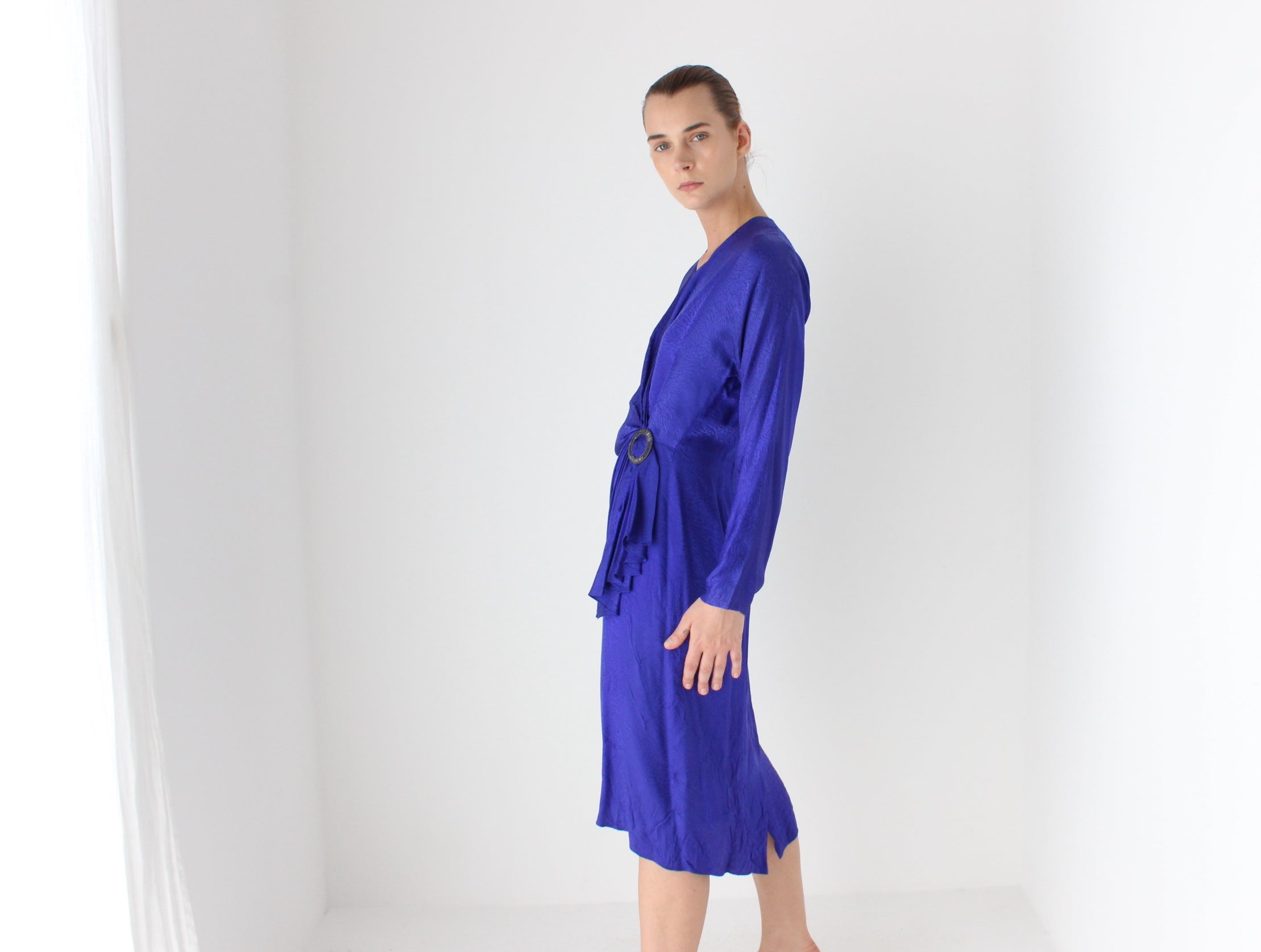 80s SILK Disco Draped Plunge Neckline Power Dress w/ Beaded Buckle Detail