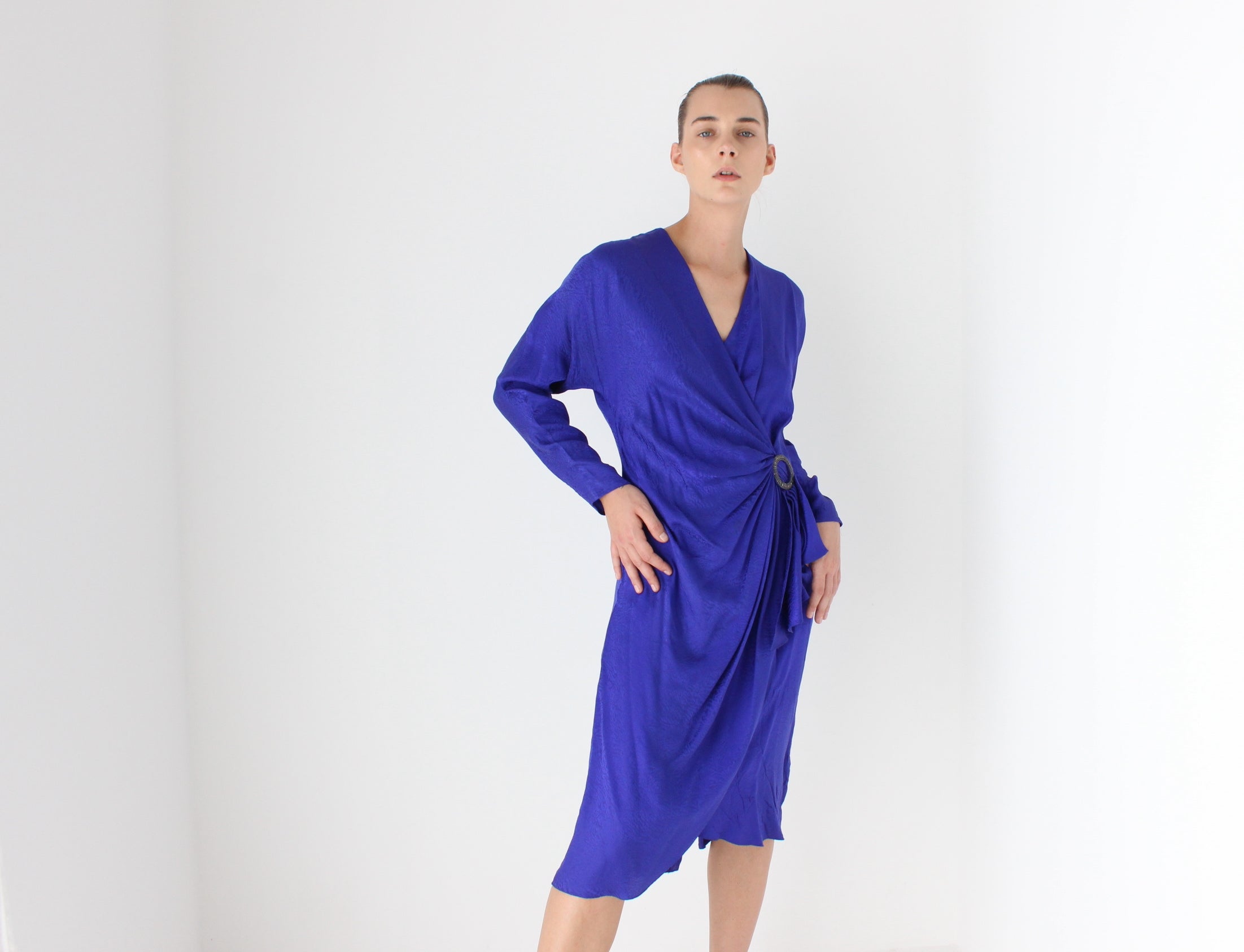 80s SILK Disco Draped Plunge Neckline Power Dress w/ Beaded Buckle Detail
