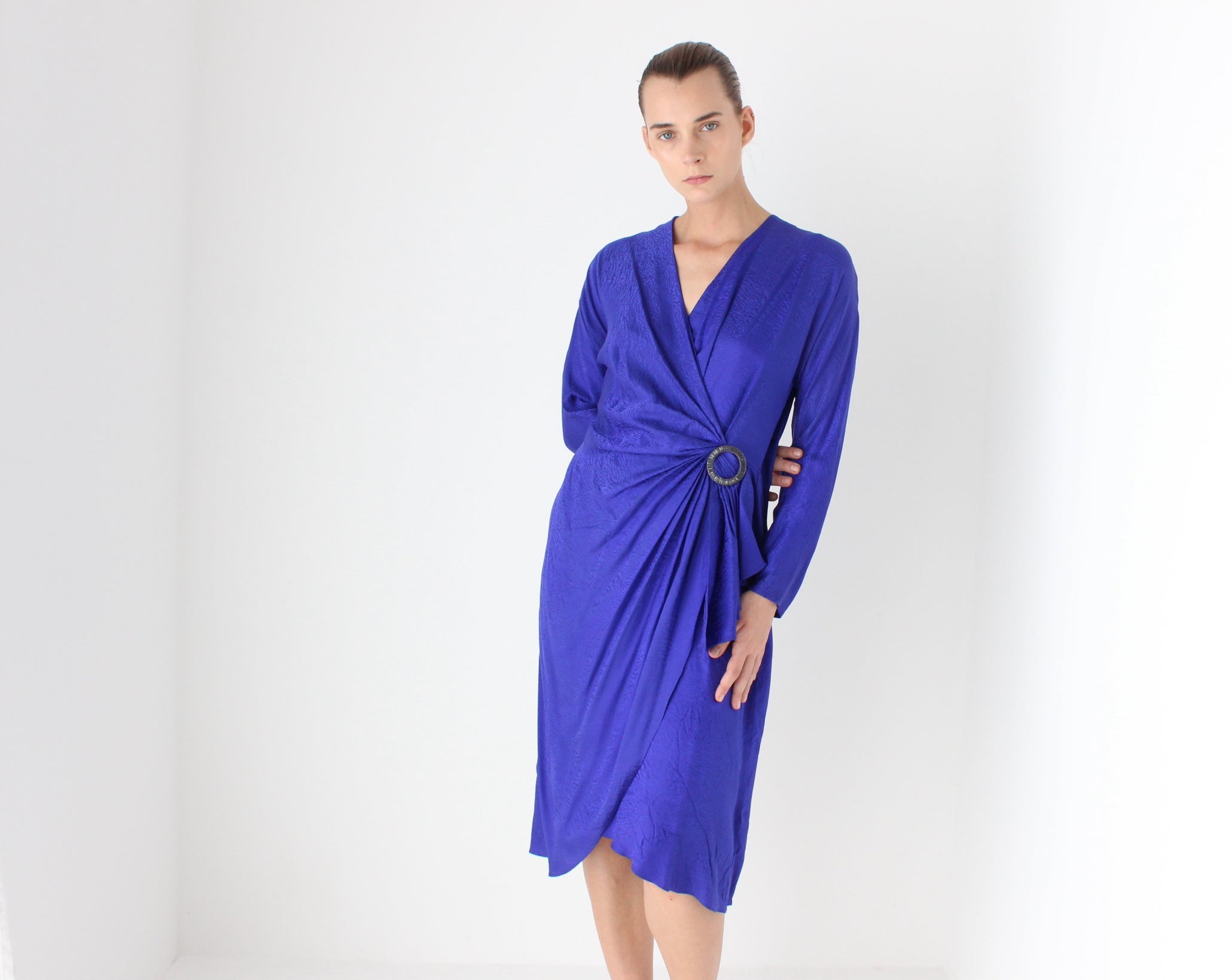80s SILK Disco Draped Plunge Neckline Power Dress w/ Beaded Buckle Detail