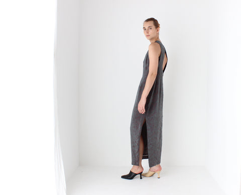 90s Metallic Floral Embossed High Neck Dress
