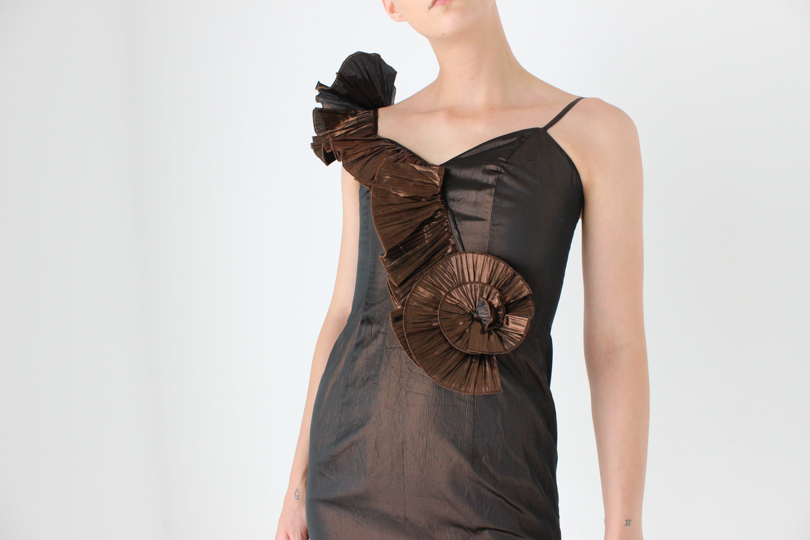 80s Bronze Origami Fan Ruffle Lamé One Shoulder Asymmetric Fitted Mini