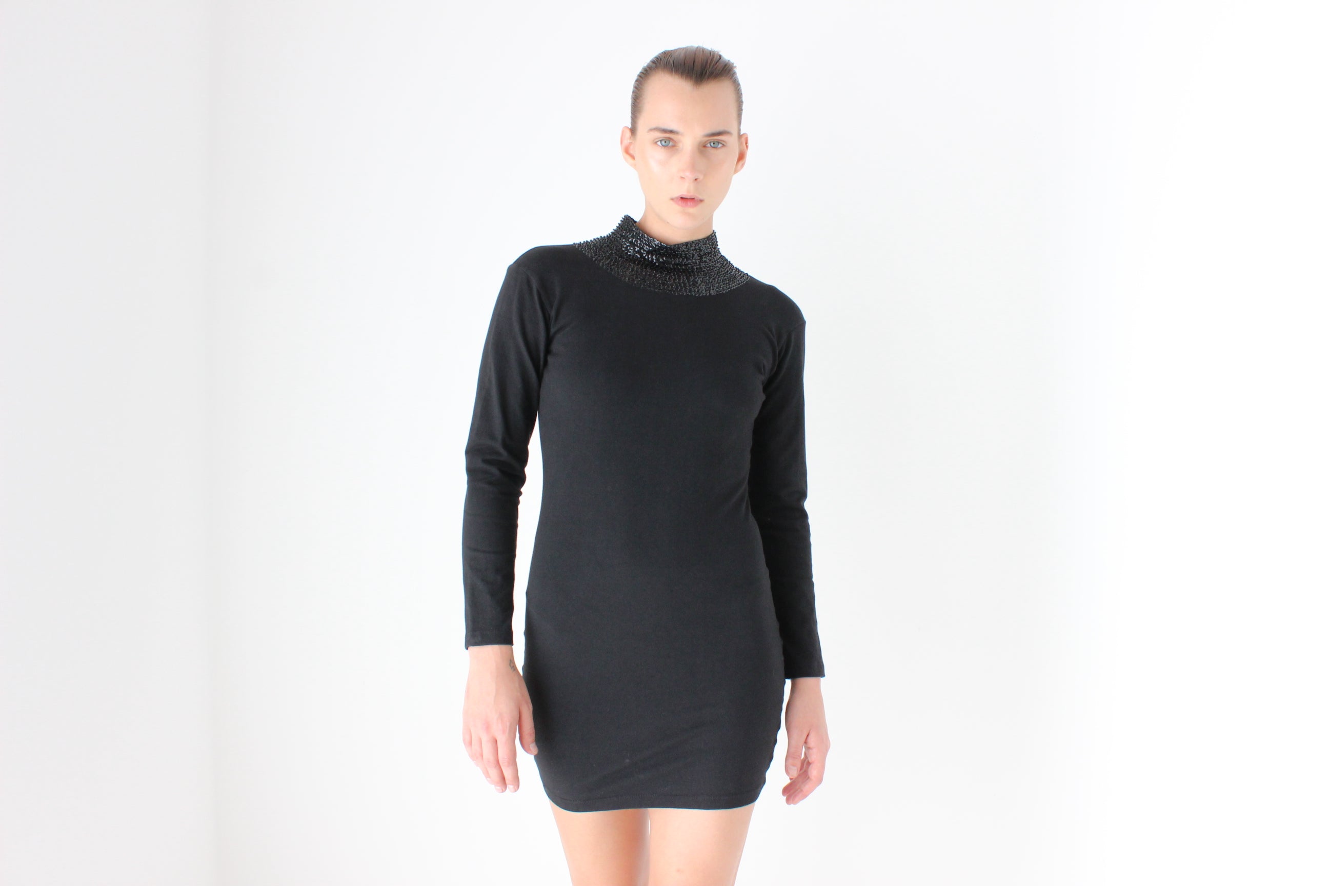 80s Stretch Cotton Sexy High Sequin Neck Bodycon Disco Dress