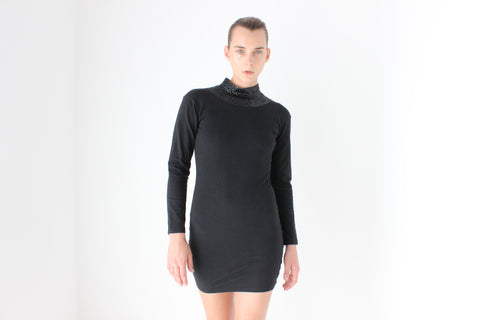 80s Stretch Cotton Sexy High Sequin Neck Bodycon Disco Dress