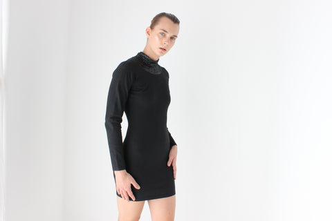 80s Stretch Cotton Sexy High Sequin Neck Bodycon Disco Dress
