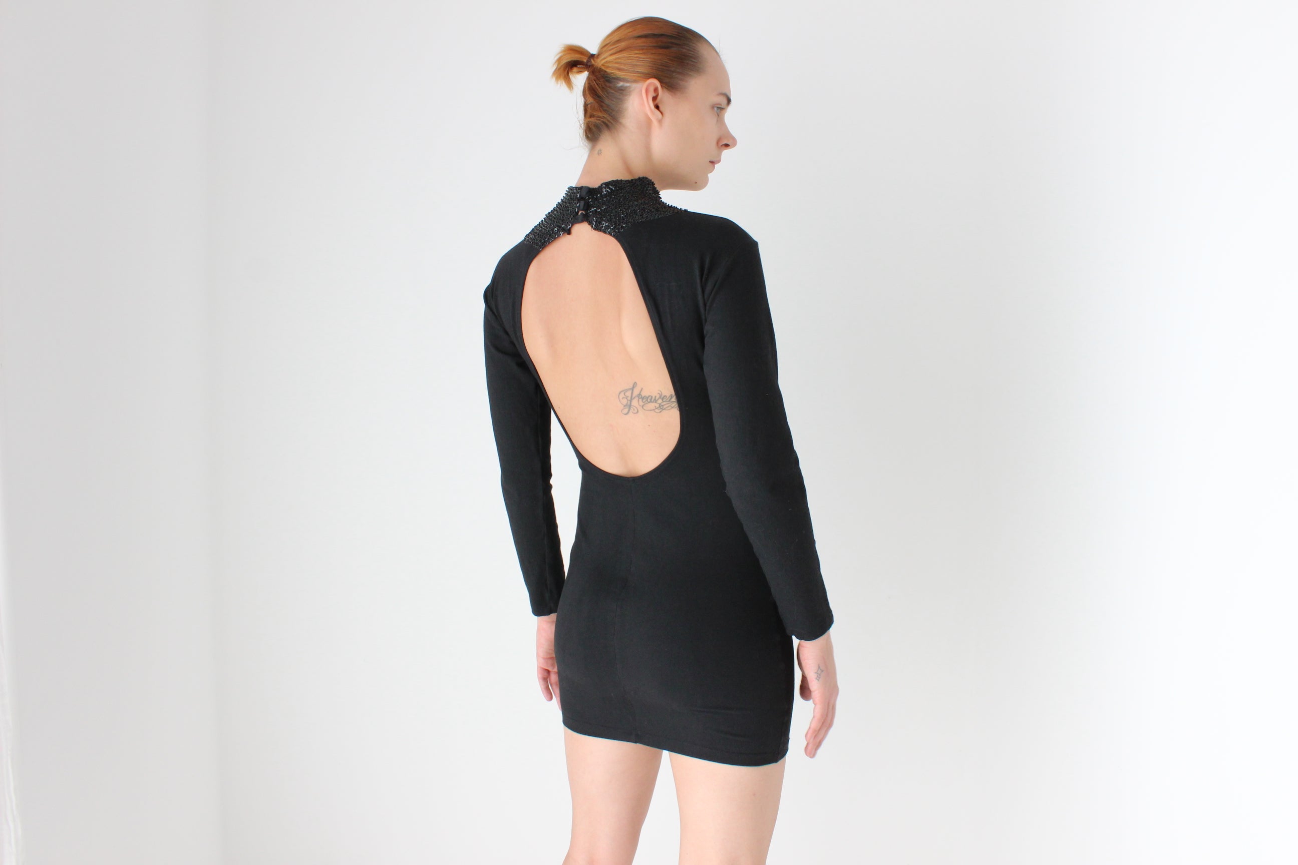 80s Stretch Cotton Sexy High Sequin Neck Bodycon Disco Dress