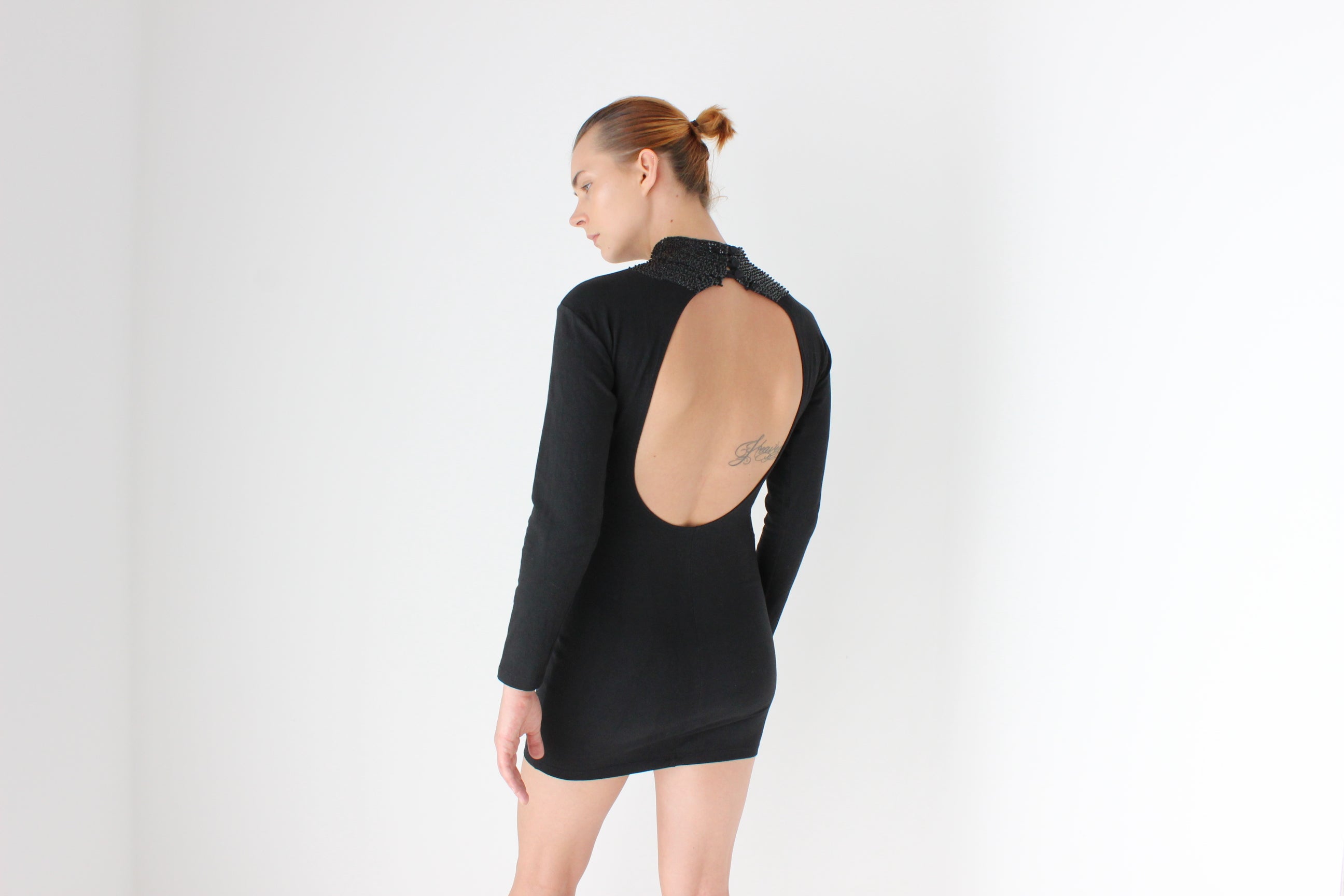 80s Stretch Cotton Sexy High Sequin Neck Bodycon Disco Dress