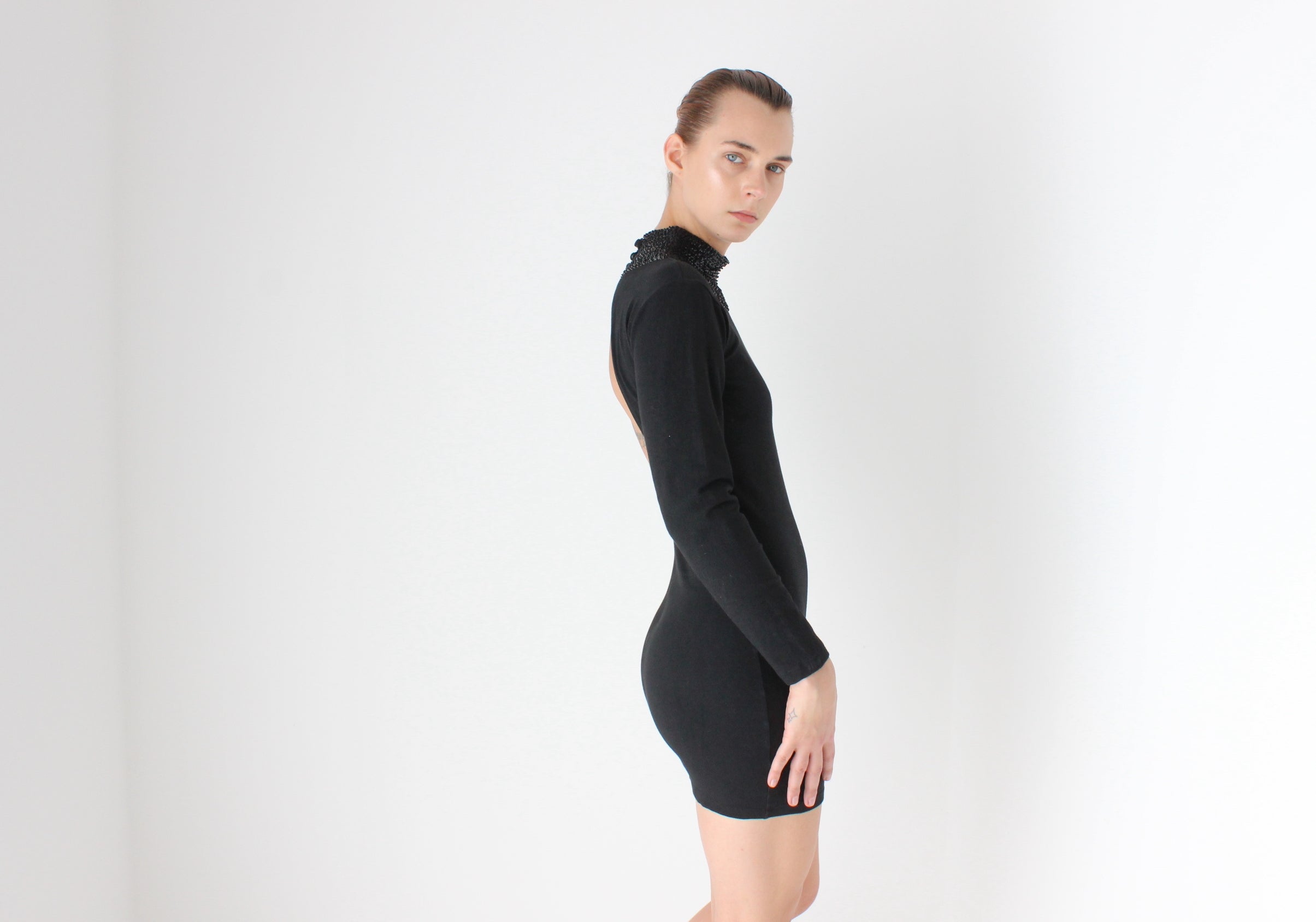 80s Stretch Cotton Sexy High Sequin Neck Bodycon Disco Dress