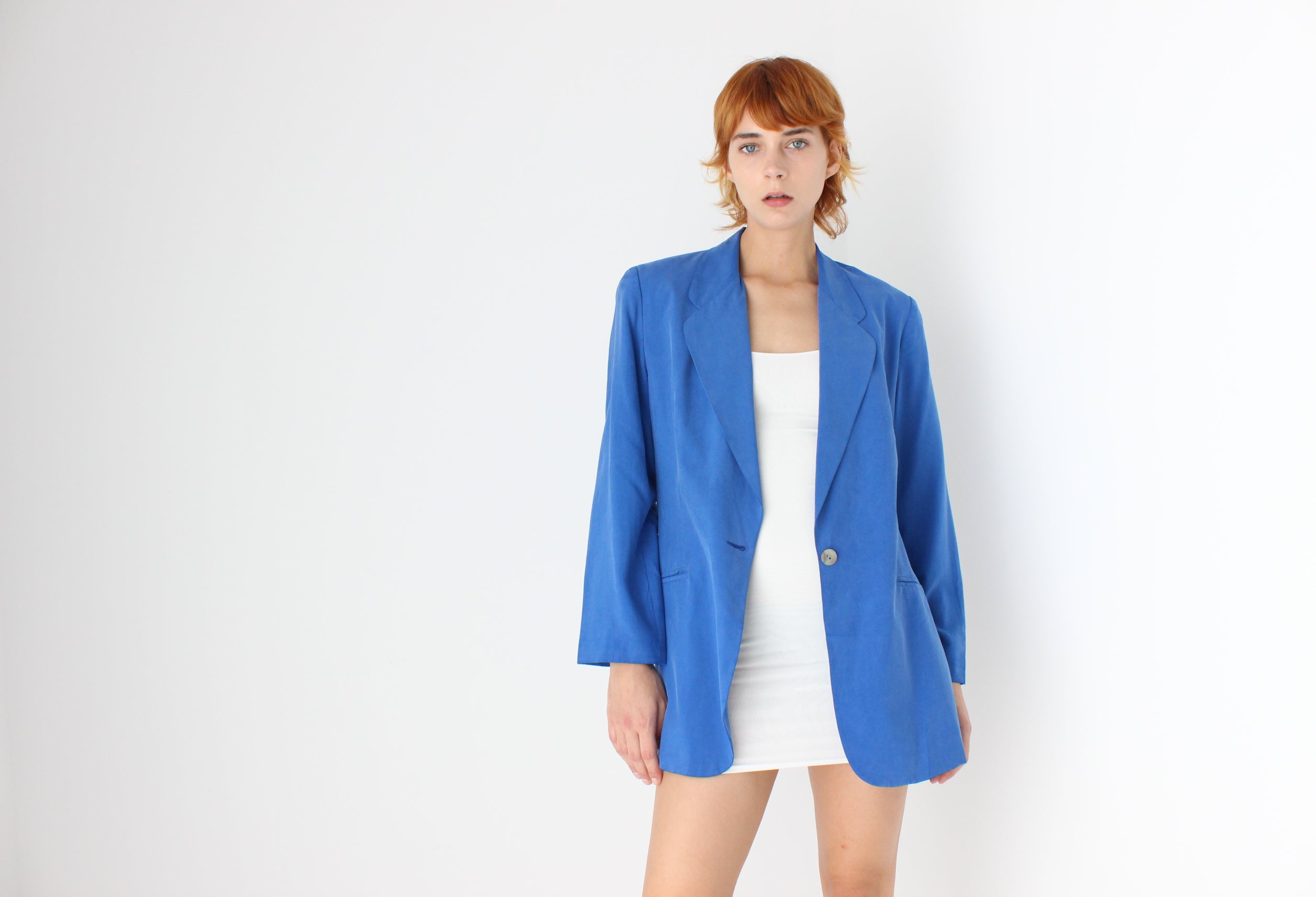 80s Electric Blue Boxy Silk Blazer Dress