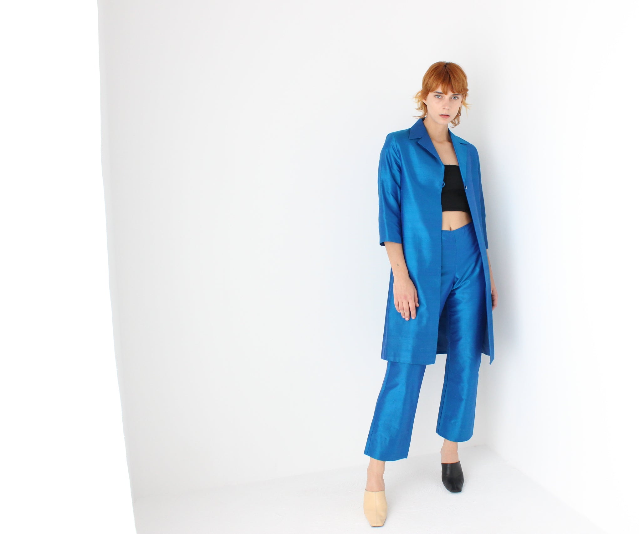 Y2K Raw Silk Electric Blue Power Suit w/ Trench Coat Blazer