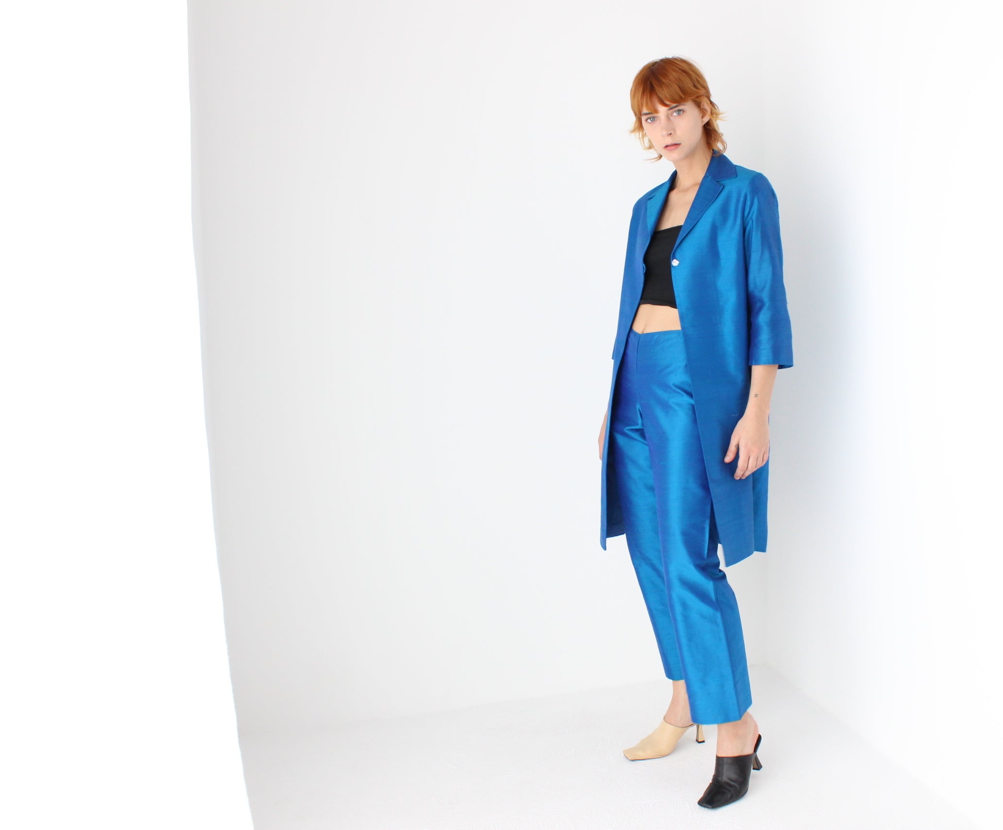 Y2K Raw Silk Electric Blue Power Suit w/ Trench Coat Blazer
