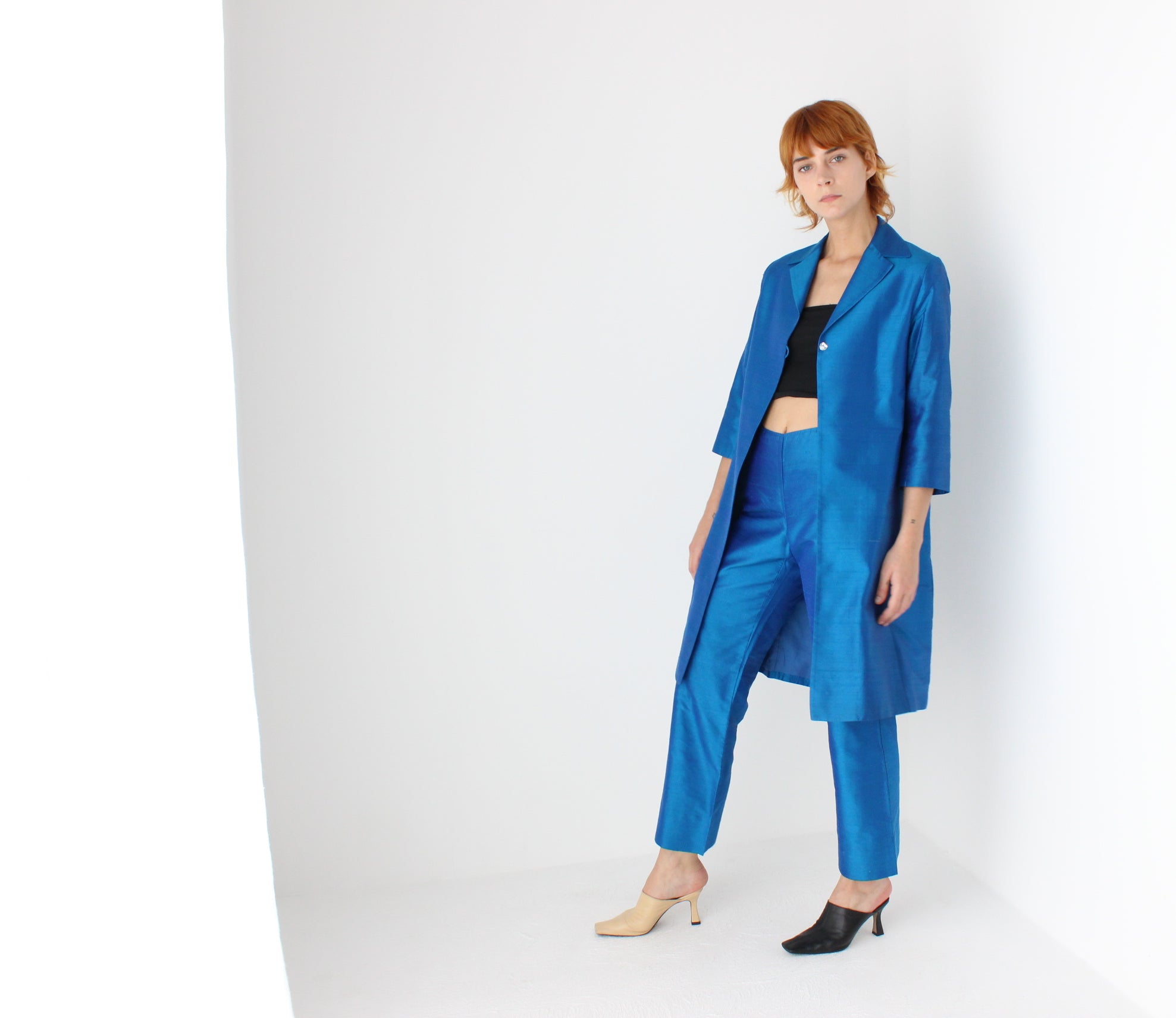 Y2K Raw Silk Electric Blue Power Suit w/ Trench Coat Blazer