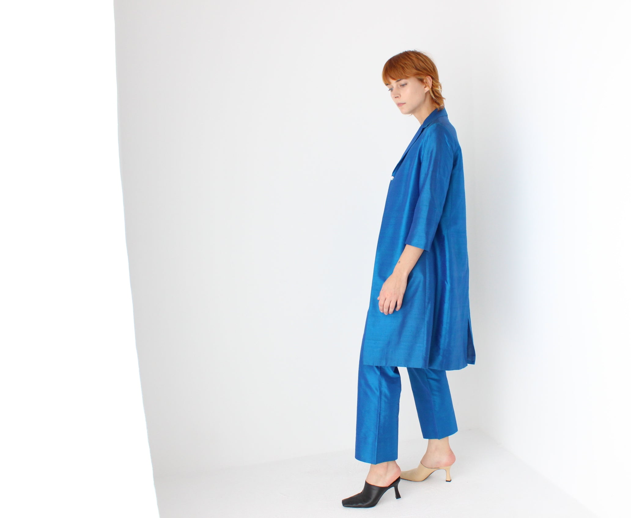 Y2K Raw Silk Electric Blue Power Suit w/ Trench Coat Blazer