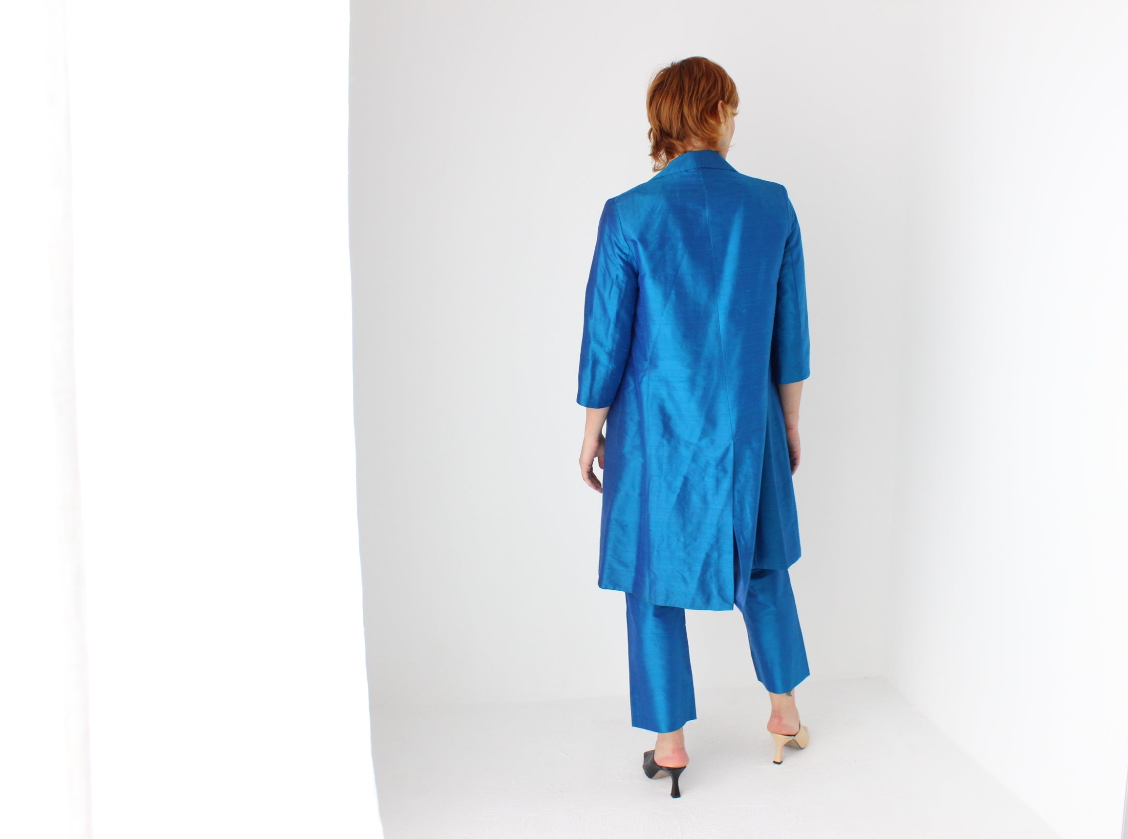 Y2K Raw Silk Electric Blue Power Suit w/ Trench Coat Blazer
