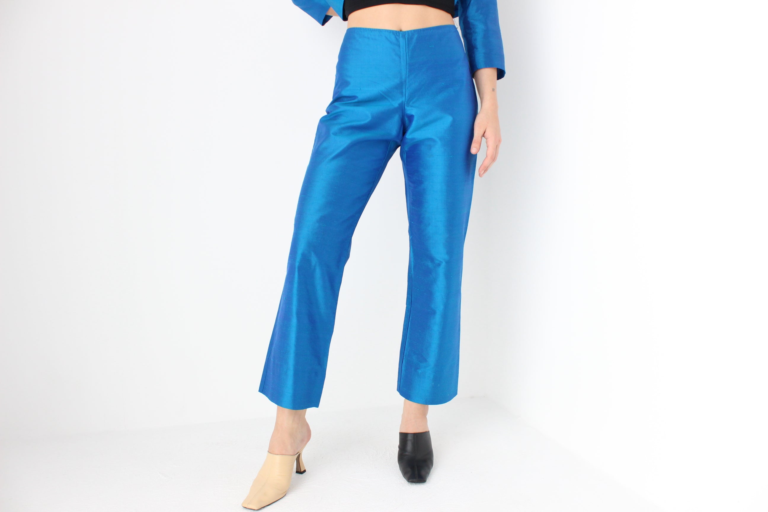 Y2K Raw Silk Electric Blue Power Suit w/ Trench Coat Blazer