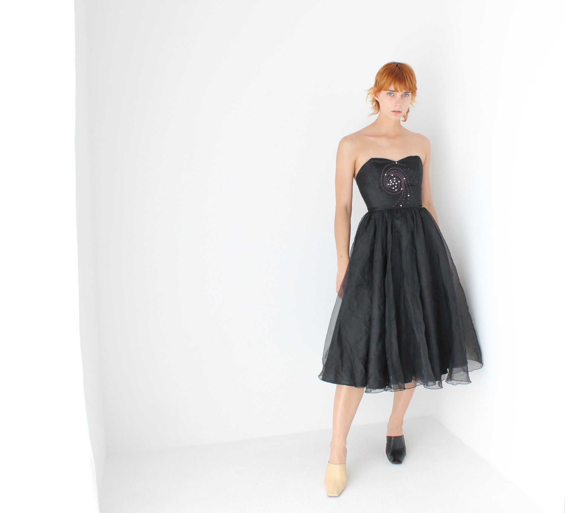 80s Voluminous Organza Bombshell Cocktail Dress w/ Galaxy Swirl