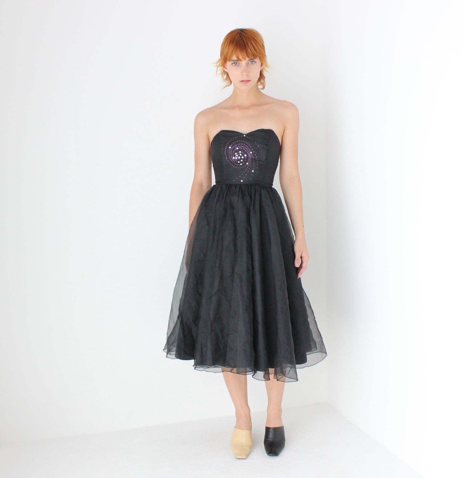 80s Voluminous Organza Bombshell Cocktail Dress w/ Galaxy Swirl