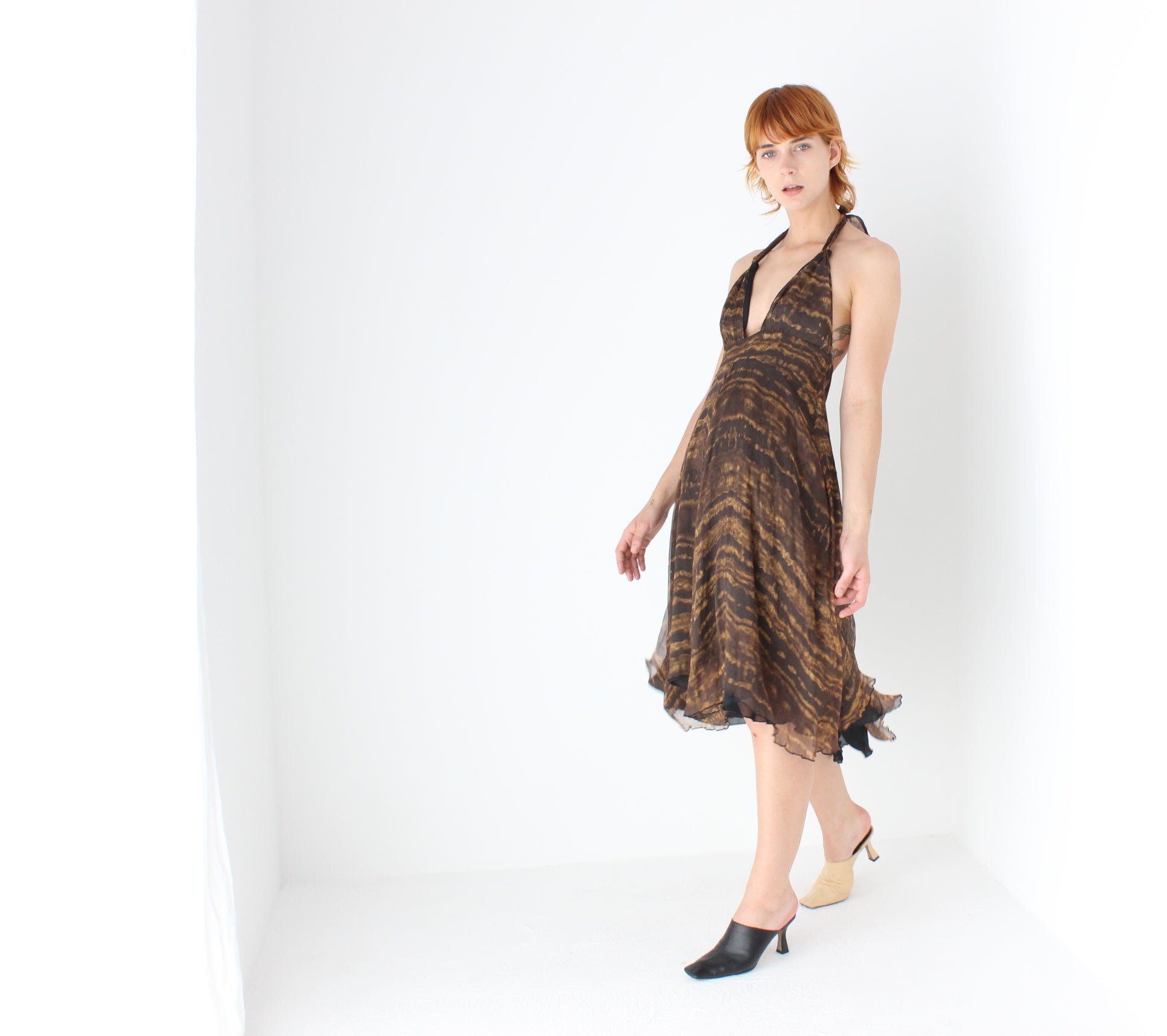 Iconic 2000s Pure Silk Plunge Neck Tiger Stripe Halter Dress